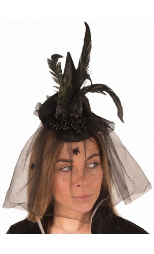 Mini Chapeau Sorcière avec voile, plumes et araignées en vente à Paris et en ligne