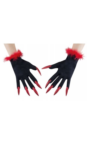 Gants avec ongle rouge et plumes