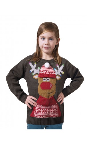 Pull noël renne enfant lumineux et musical
