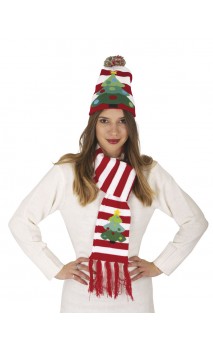 Set bonnet et écharpe sapin rouge et blanc