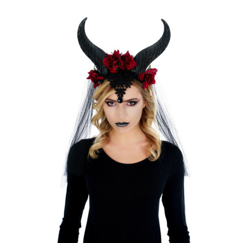 Serre tête reine maléfique dentelles cornes & fleurs