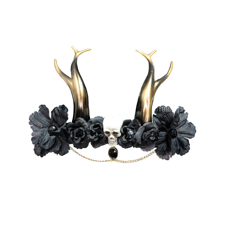Coiffe gothique noire avec cornes & tête de mort