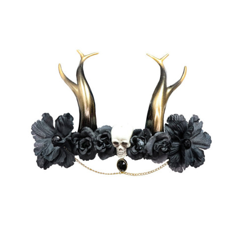 Coiffe gothique noire avec cornes & tête de mort