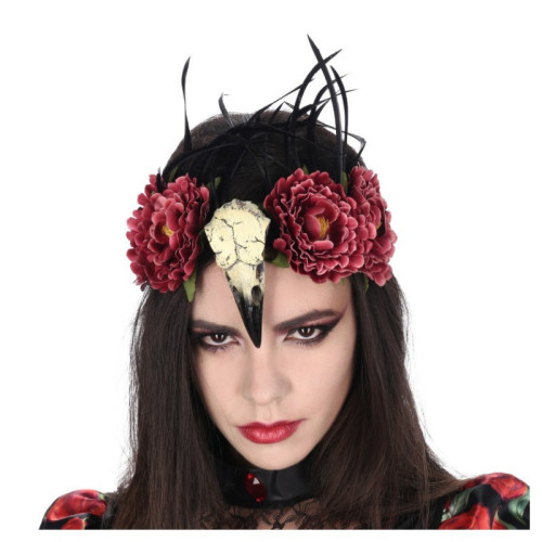 Bandeau vaudou tête d'oiseau + fleurs bordeaux