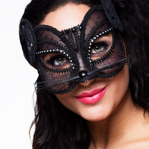 Masque loup chat noir en dentelle pour adulte en vente