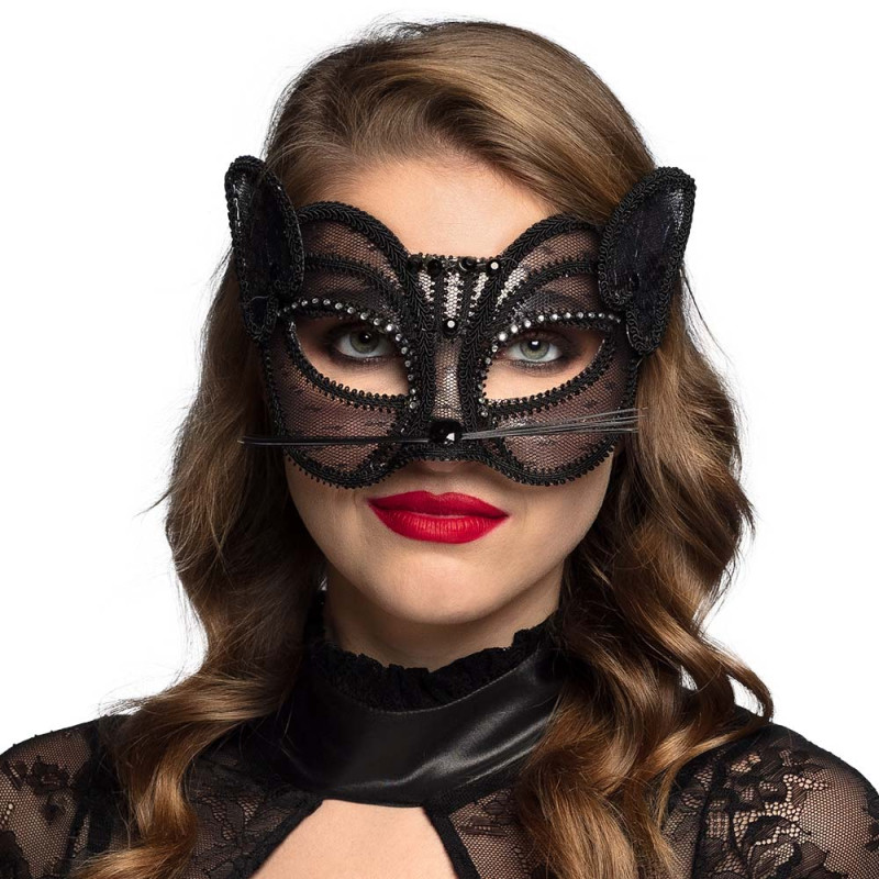 Masque loup chat noir en dentelle pour adulte en vente