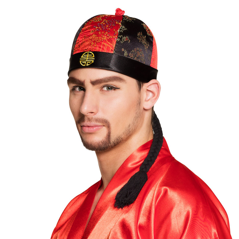 Chapeau chinois mandarin kung-fu avec cheveux natte tressée en vente chez Be Happy.