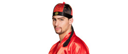 Chapeau chinois mandarin kung-fu avec cheveux natte tressée en vente chez Be Happy.