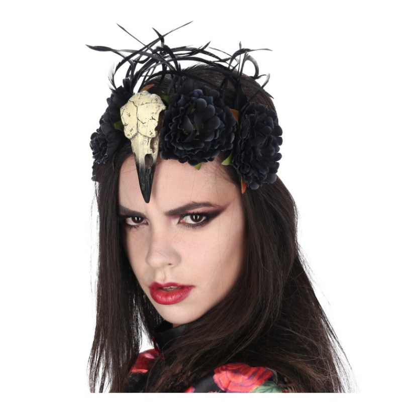 Bandeau vaudou tête d'oiseau + fleurs noire