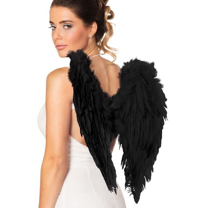 Paire d'ailes de 50cm en véritable plumes de couleur noir, ange déchu, démon, corbeau, oiseau en vente
