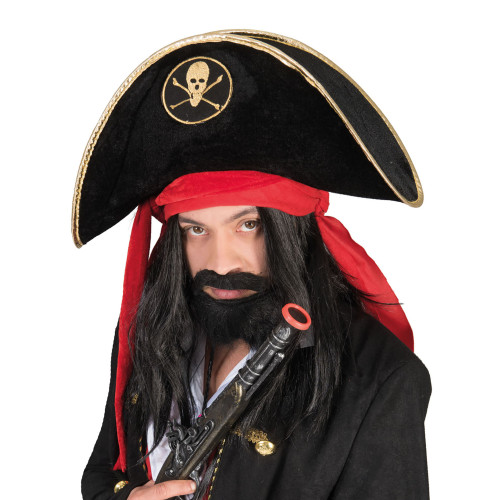 Chapeau bicorne capitaine pirate avec tête de mort brodée en vente.