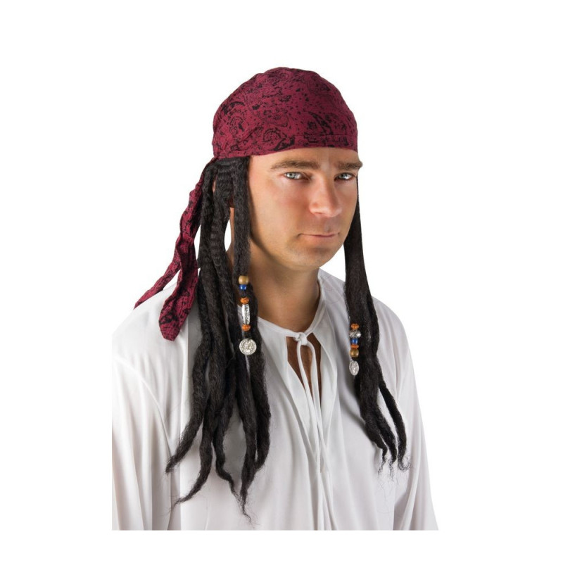 Perruque pirate dreadlock avec bandana rouge pour déguisement Jack Sparrow en vente.