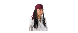 Perruque pirate dreadlock avec bandana rouge pour déguisement Jack Sparrow en vente.