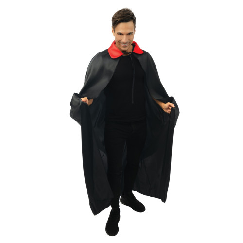 Cape dracula, vampire satinée noire de 140cm en satin avec col rouge pour adulte en vente.