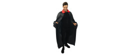 Cape dracula, vampire satinée noire de 140cm en satin avec col rouge pour adulte en vente.