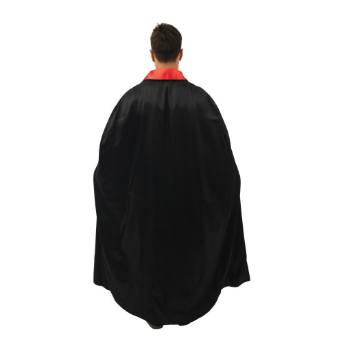 Cape dracula, vampire satinée noire de 140cm en satin avec col rouge pour adulte en vente.