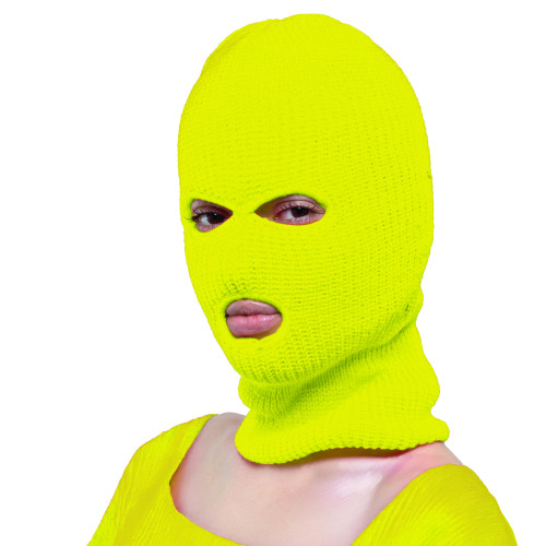Cagoule jaune fluo 3 trous en laine pour adulte en vente chez Be Happy et en ligne.