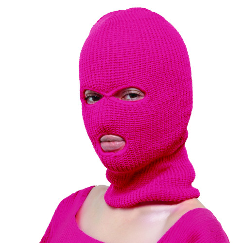 Cagoule rose fluo 3 trous en laine pour adulte en vente chez Be Happy et en ligne.