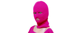 Cagoule rose fluo 3 trous en laine pour adulte en vente chez Be Happy et en ligne.