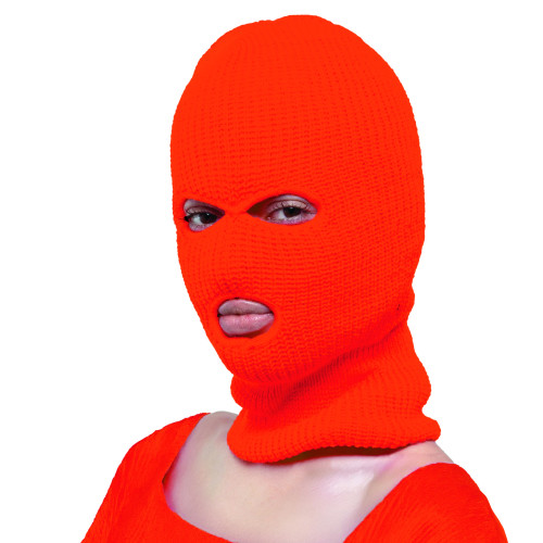 Cagoule orange fluo 3 trous en laine pour adulte en vente chez Be Happy et en ligne.