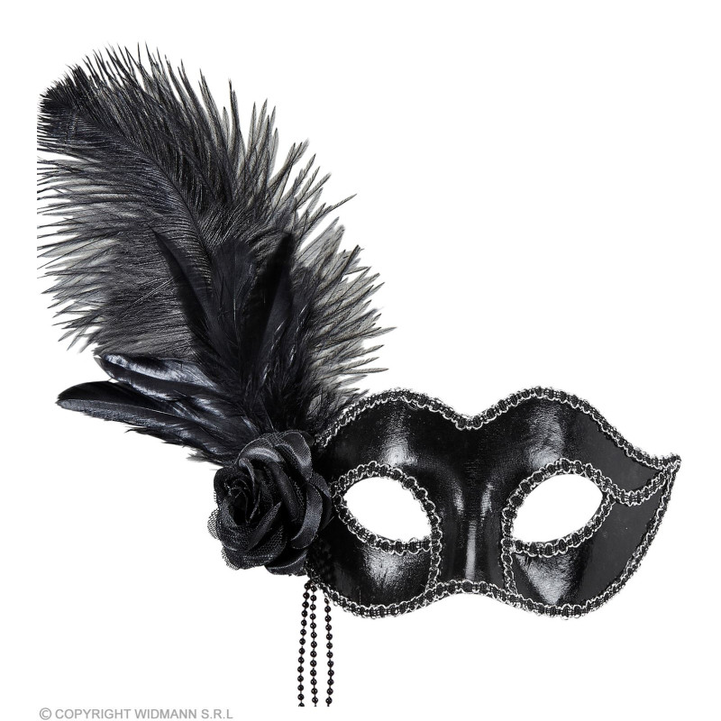 Masque loup vénitien noir avec plumes en vente chez Be Happy à Paris et en ligne.