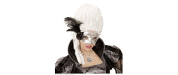 Masque loup vénitien argenté avec plumes en vente chez Be Happy à Paris et en ligne.