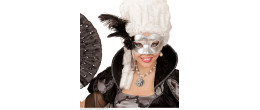 Masque loup vénitien argenté avec plumes en vente chez Be Happy à Paris et en ligne.