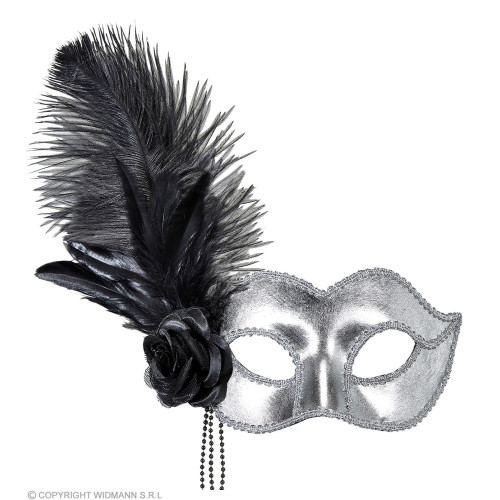 Masque loup vénitien argenté avec plumes en vente chez Be Happy à Paris et en ligne.