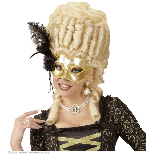 Masque loup vénitien doré avec plumes en vente chez Be Happy à Paris et en ligne.