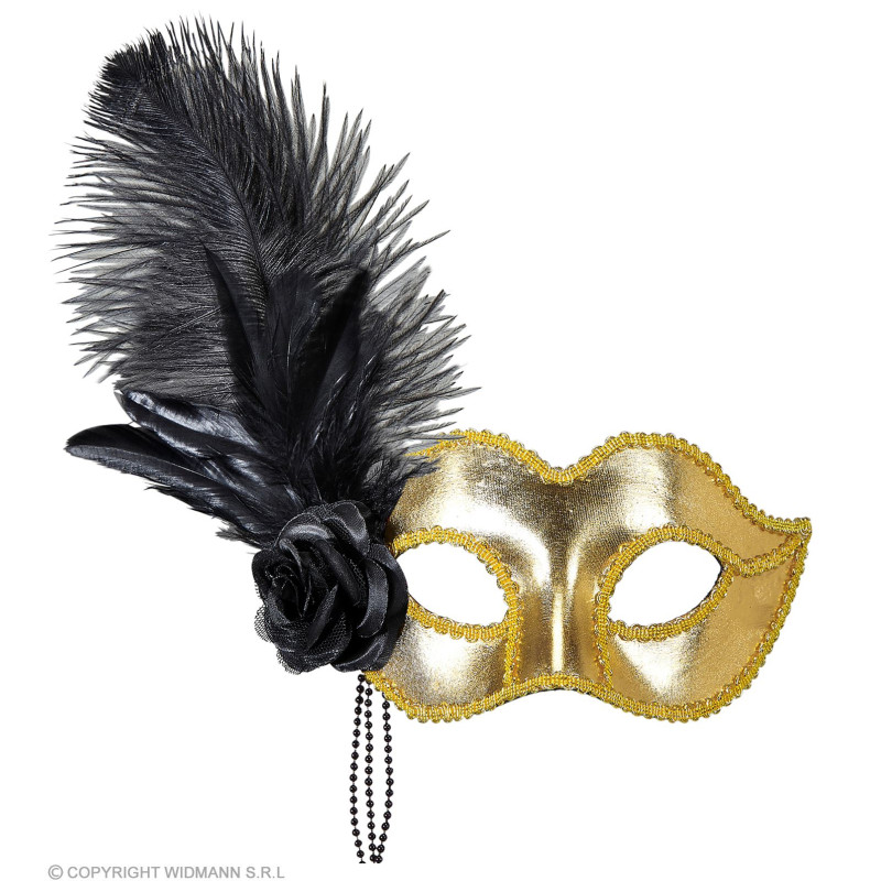 Masque loup vénitien doré avec plumes en vente chez Be Happy à Paris et en ligne.