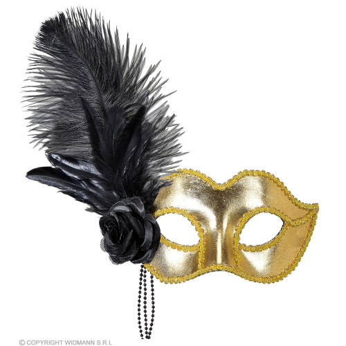 Masque loup vénitien doré avec plumes en vente chez Be Happy à Paris et en ligne.