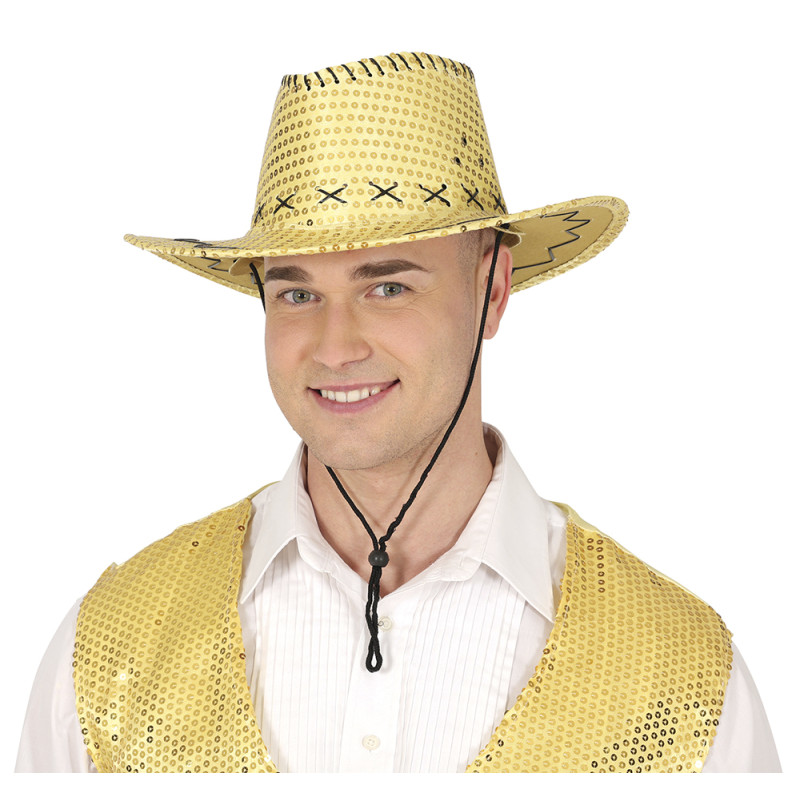 Chapeau de cowboy à sequin doré en vente chez Be Happy à Paris et en ligne.