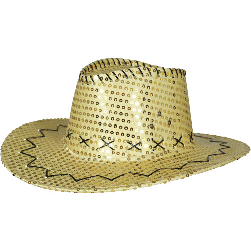 Chapeau de cowboy à sequin doré en vente chez Be Happy à Paris et en ligne.