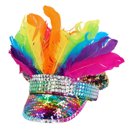 Casquette carnaval arc en ciel multicolore à plumes pour adulte en vente chez Be Happy à Paris