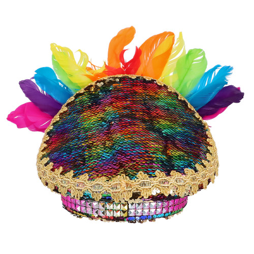 Casquette carnaval arc en ciel multicolore à plumes pour adulte en vente chez Be Happy à Paris