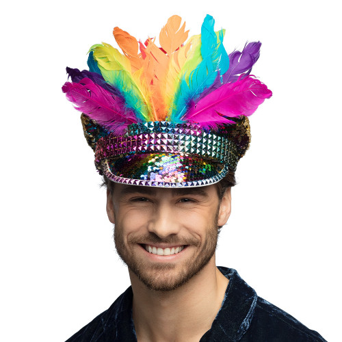 Casquette carnaval arc en ciel multicolore à plumes pour adulte en vente chez Be Happy à Paris