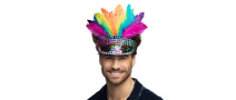 Casquette carnaval arc en ciel multicolore à plumes pour adulte en vente chez Be Happy à Paris