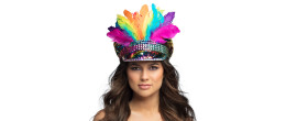Casquette carnaval arc en ciel multicolore à plumes pour adulte en vente chez Be Happy à Paris