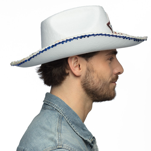 Chapeau de cow-boy rodéo USA blanc aux couleurs de l'Amérique pour adulte en vente chez Be Happy