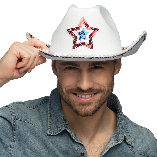 Chapeau de cow-boy rodéo USA blanc aux couleurs de l'Amérique pour adulte en vente chez Be Happy