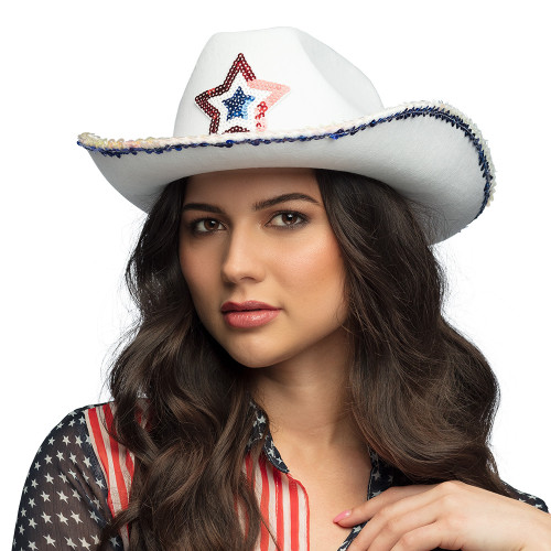 Chapeau de cow-boy rodéo USA blanc aux couleurs de l'Amérique pour adulte en vente chez Be Happy