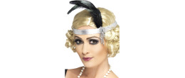 Bandeau charleston, cabaret 1920's argenté avec bijou plumes noire en vente.