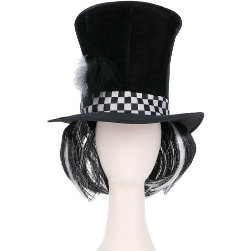 Chapeau du chapelier fou noir et blanc avec cheveux intégrer en vente chez Be Happy.
