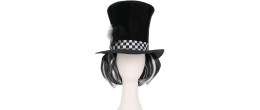 Chapeau du chapelier fou noir et blanc avec cheveux intégrer en vente chez Be Happy.