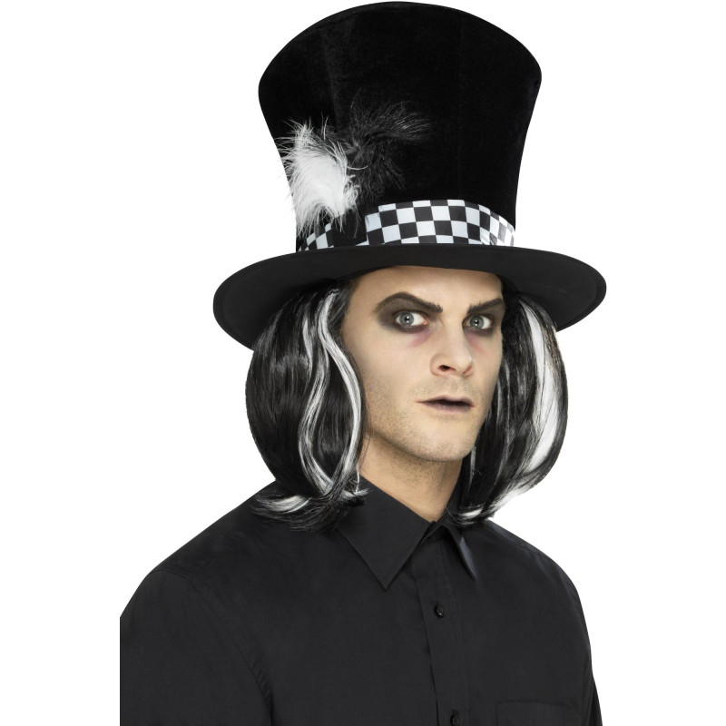Chapeau du chapelier fou noir et blanc avec cheveux intégrer en vente chez Be Happy.
