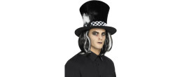 Chapeau du chapelier fou noir et blanc avec cheveux intégrer en vente chez Be Happy.