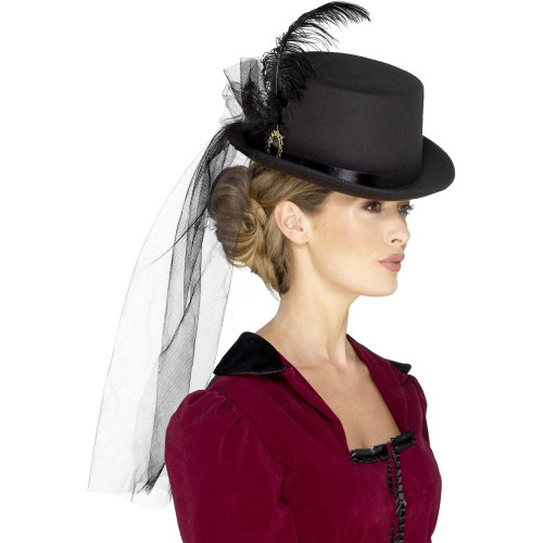 Chapeau haut de forme victorien noir avec voile en tulle et plumes noire en vente
