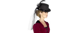 Chapeau haut de forme victorien noir avec voile en tulle et plumes noire en vente