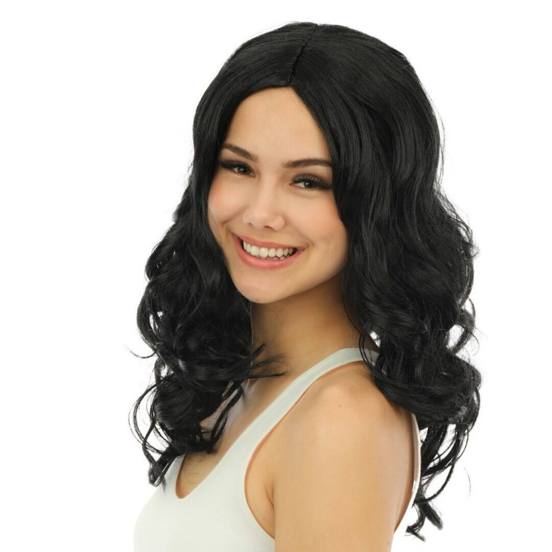 Perruque chic longue bouclée sans frange couleur noire en vente chez Be Happy