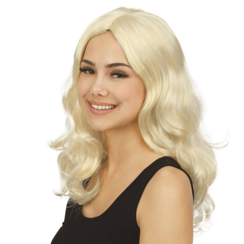 Perruque chic longue bouclée sans frange couleur blonde en vente chez Be Happy